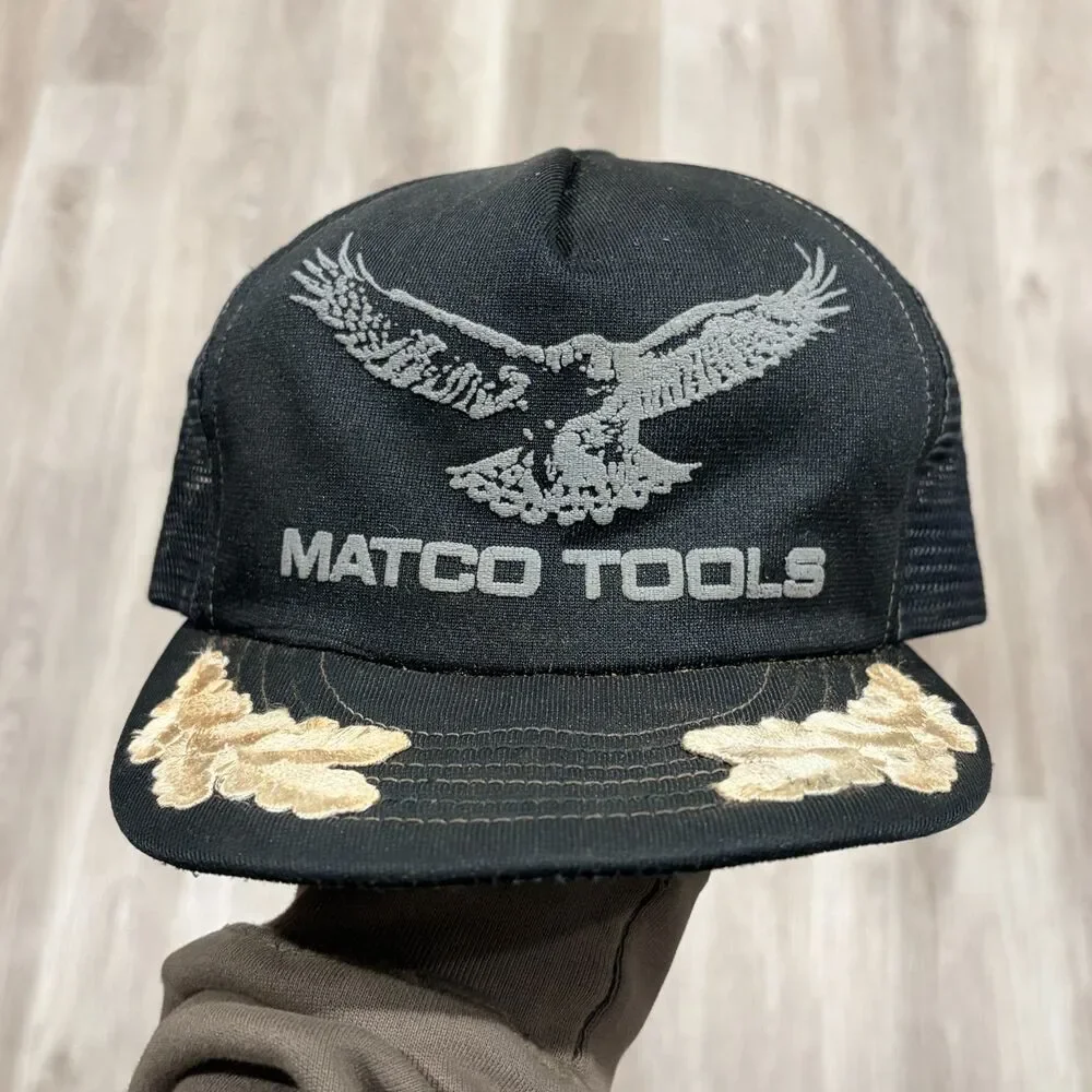 Vintage 80’s Matco Tools Eagle Print Black Trucker SnapBack Hat Gold
